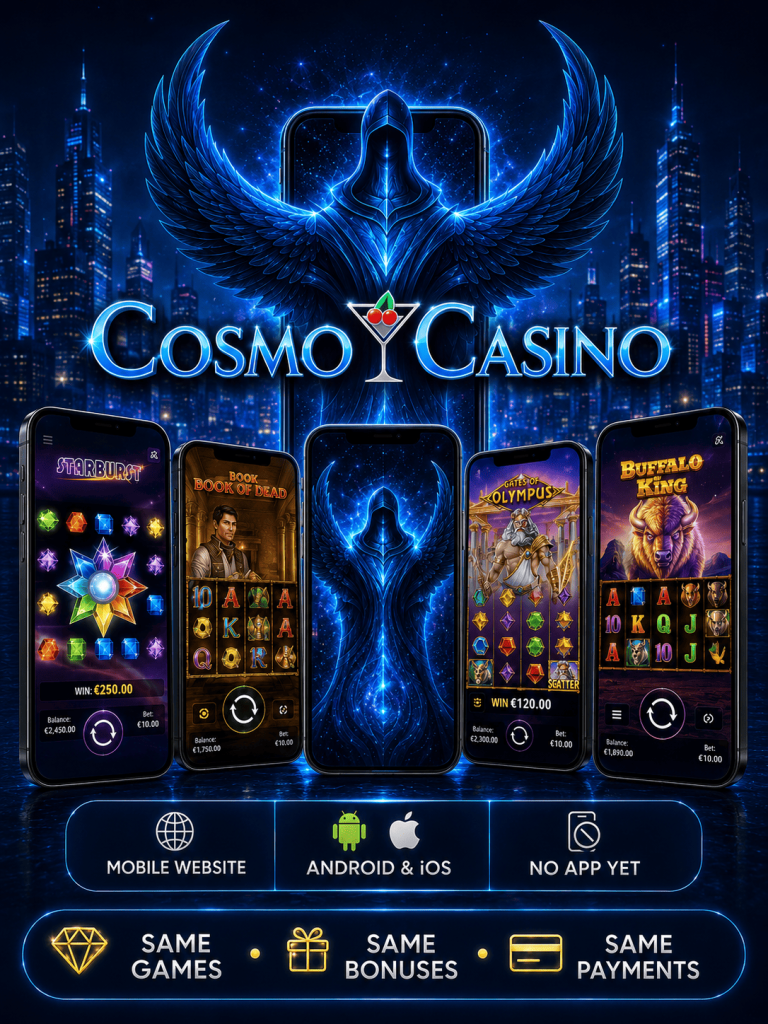 Cosmo Casino mobile website for Irish players on Android and iOS with the same games, bonuses and payment methods
