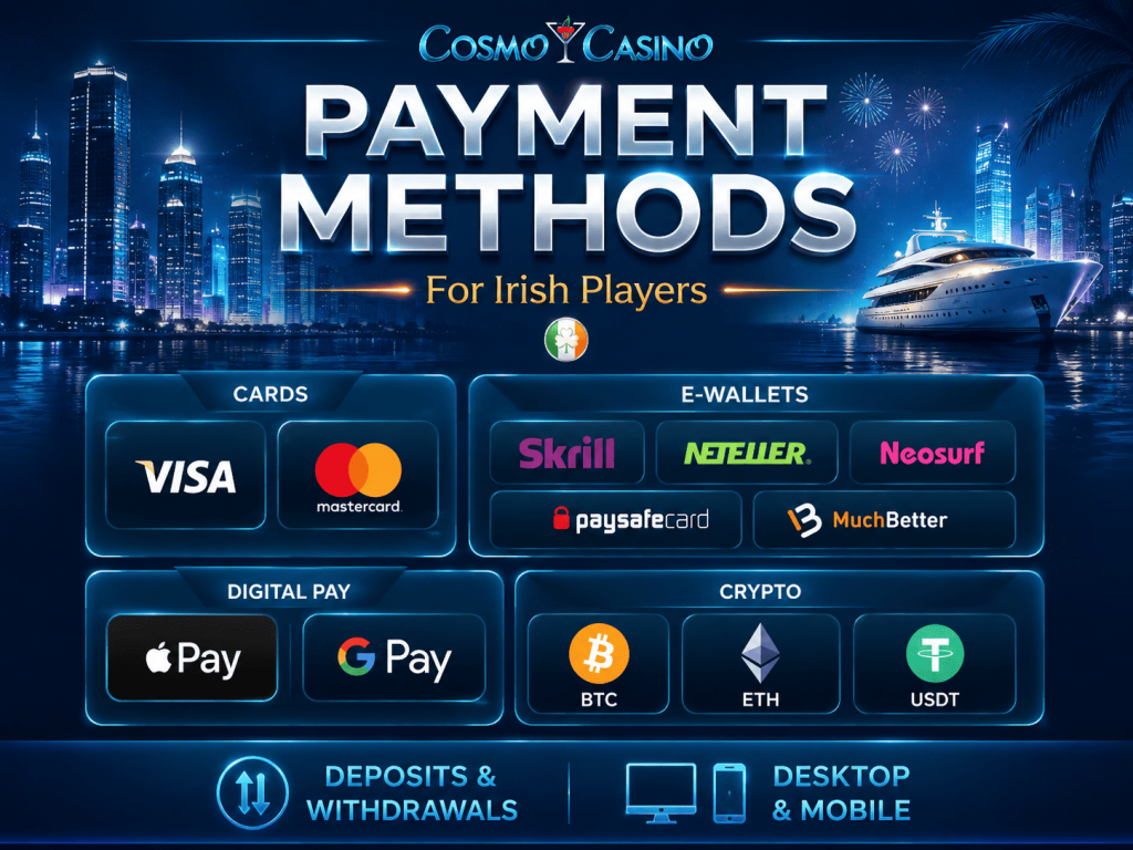 Cosmo Casino payment methods for Irish players including Visa, Mastercard, e-wallets, Apple Pay, Google Pay and cryptocurrencies