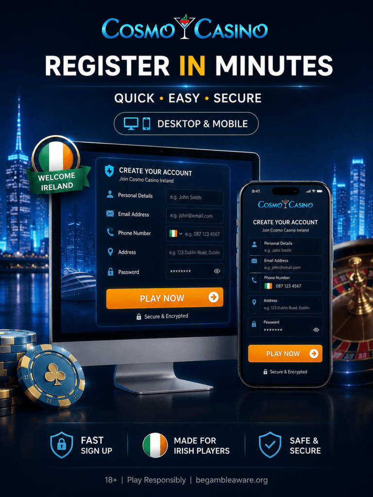 Cosmo Casino registration for Irish players on desktop and mobile with secure account sign up